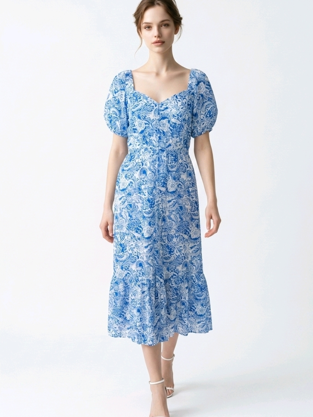 Kindred Blue Porcelain Paisley Print Rayon Midi Dress Small